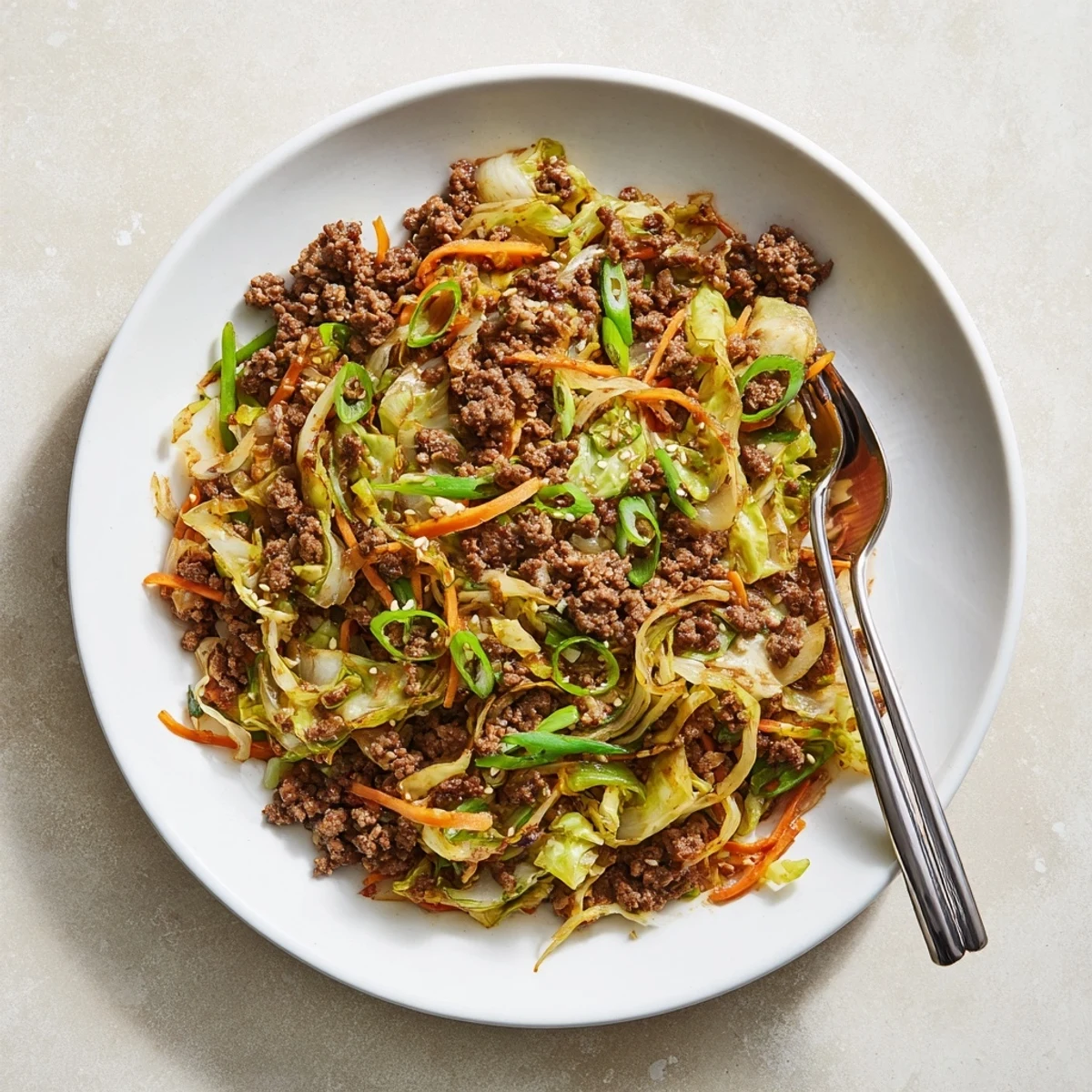 Savory ground beef and crisp cabbage stir fry sizzling in a dark wok with steam rising