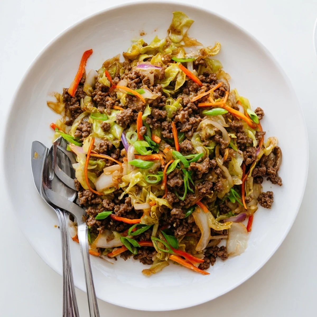 Hearty Asian-style ground beef and cabbage stir fry garnished with fresh green onions on a plate