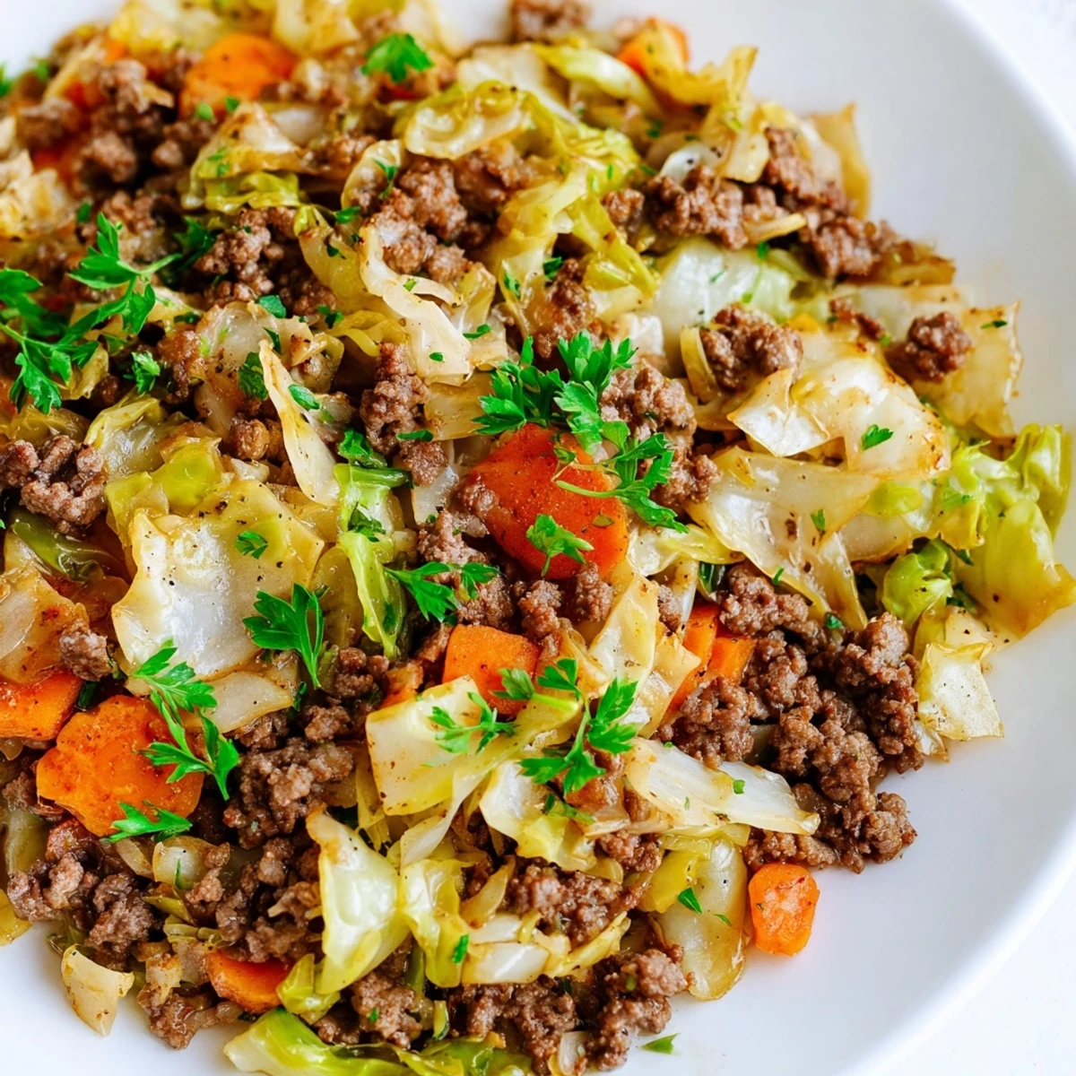 Hearty Irish ground beef and cabbage skillet meal featuring caramelized onions carrots and fragrant thyme seasoning