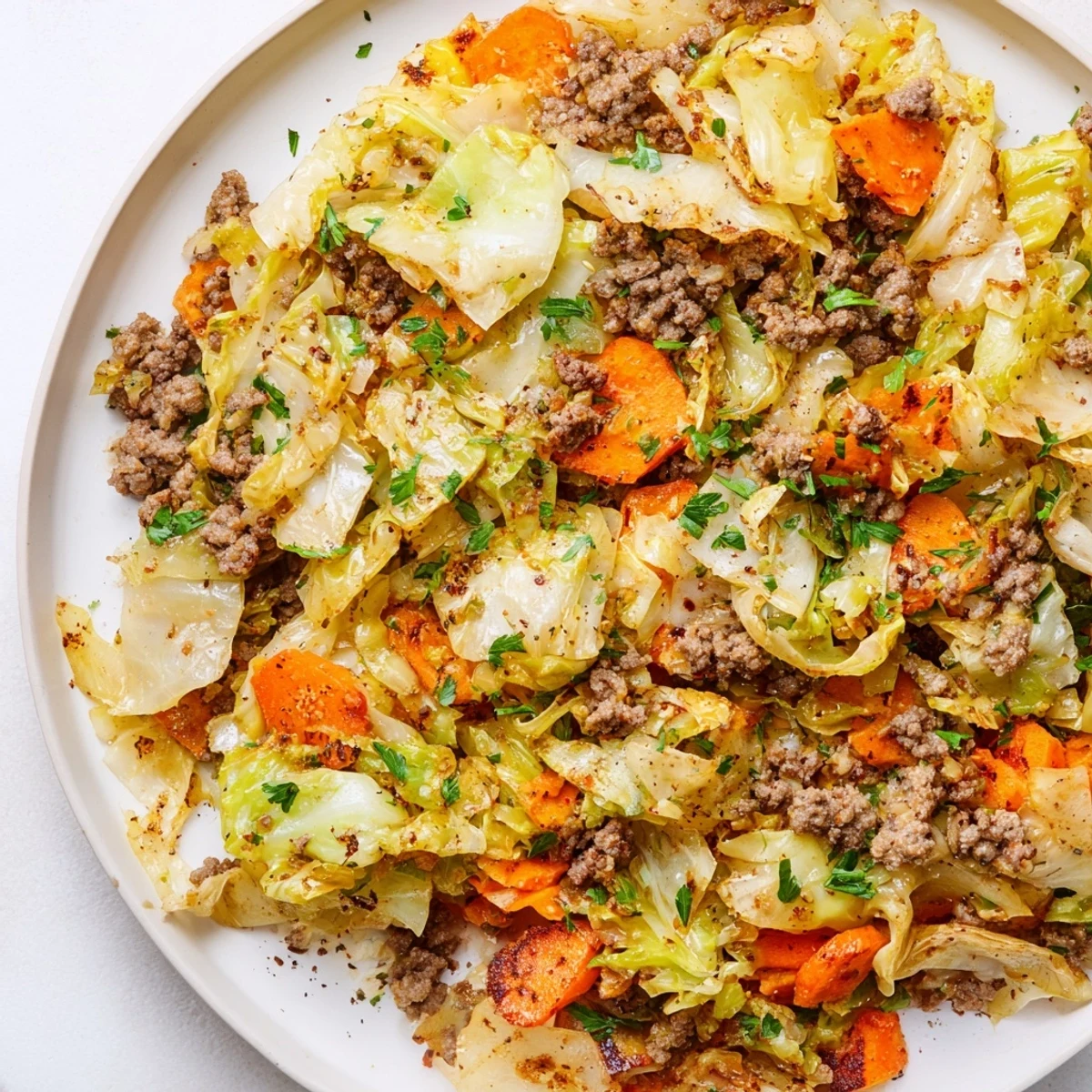 Golden skillet of savory Irish ground beef and cabbage with tender wilted vegetables and fresh parsley garnish
