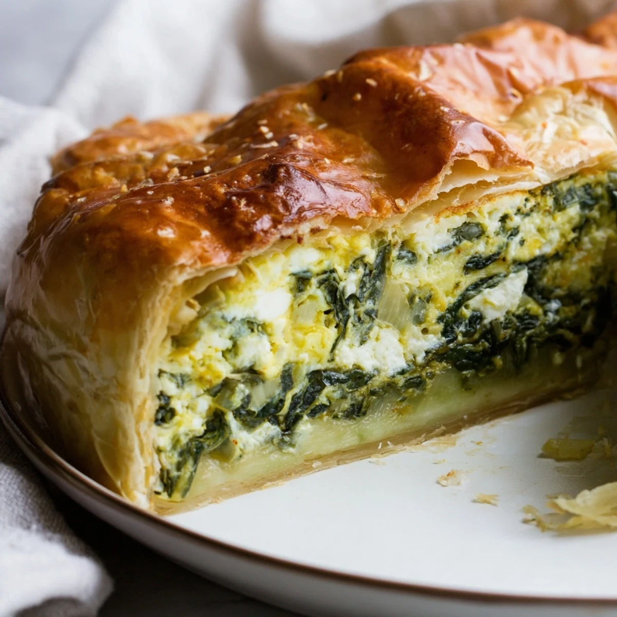 Golden savory egg pie with silverbeet and ricotta filling slices on a white plate