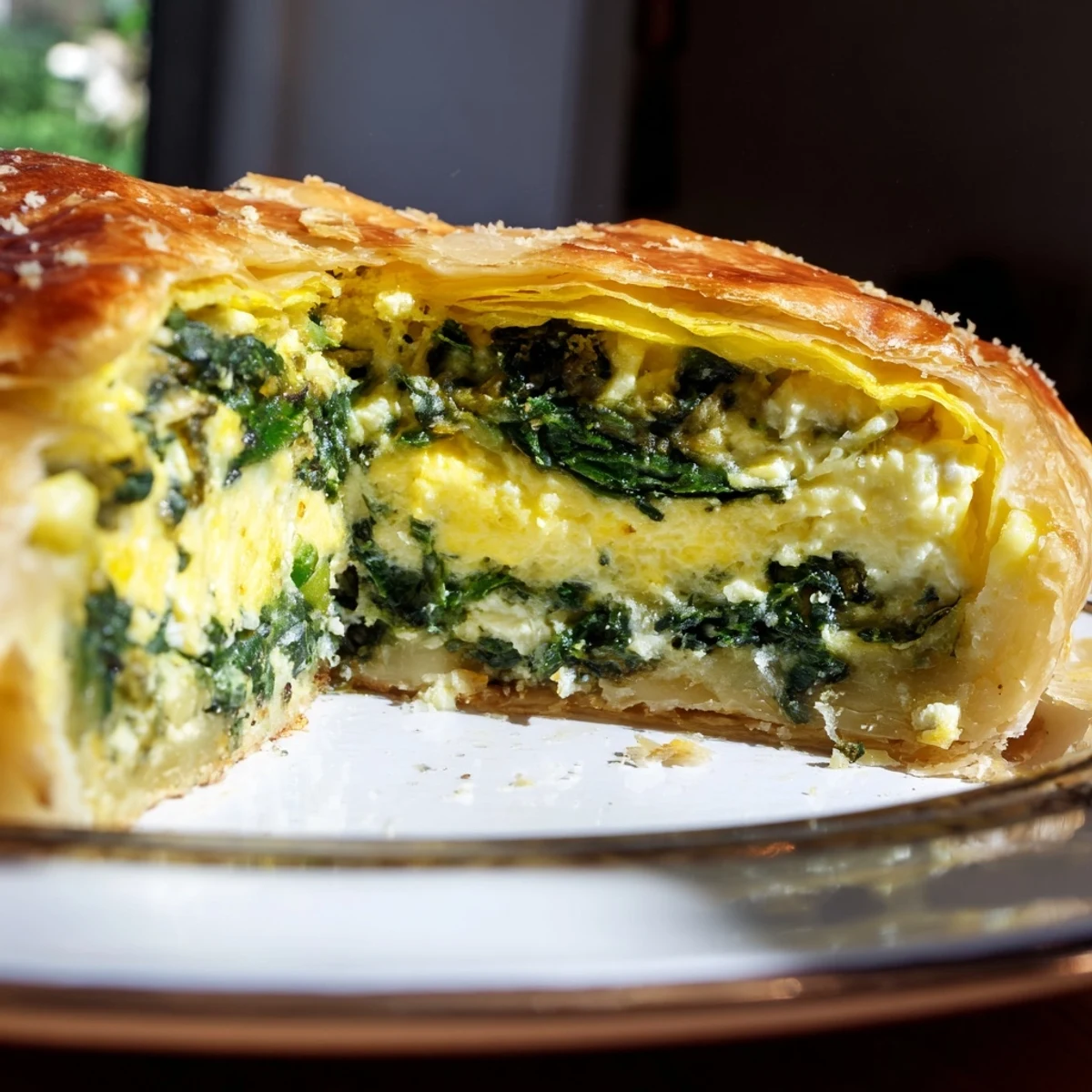 Savory egg pie featuring wilted silverbeet and ricotta cheese in a flaky homemade crust