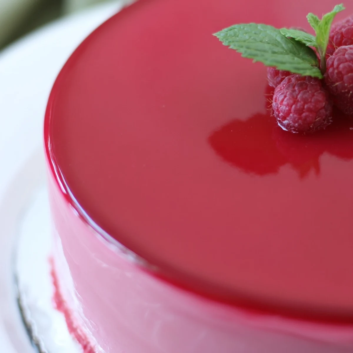 Light and airy raspberry mousse cake featuring fluffy almond sponge topped with fresh berries