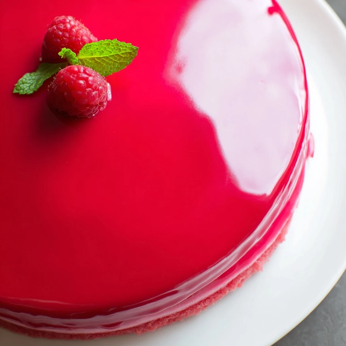 Decadent raspberry mousse cake with tender almond base and shimmering fruit glaze garnish