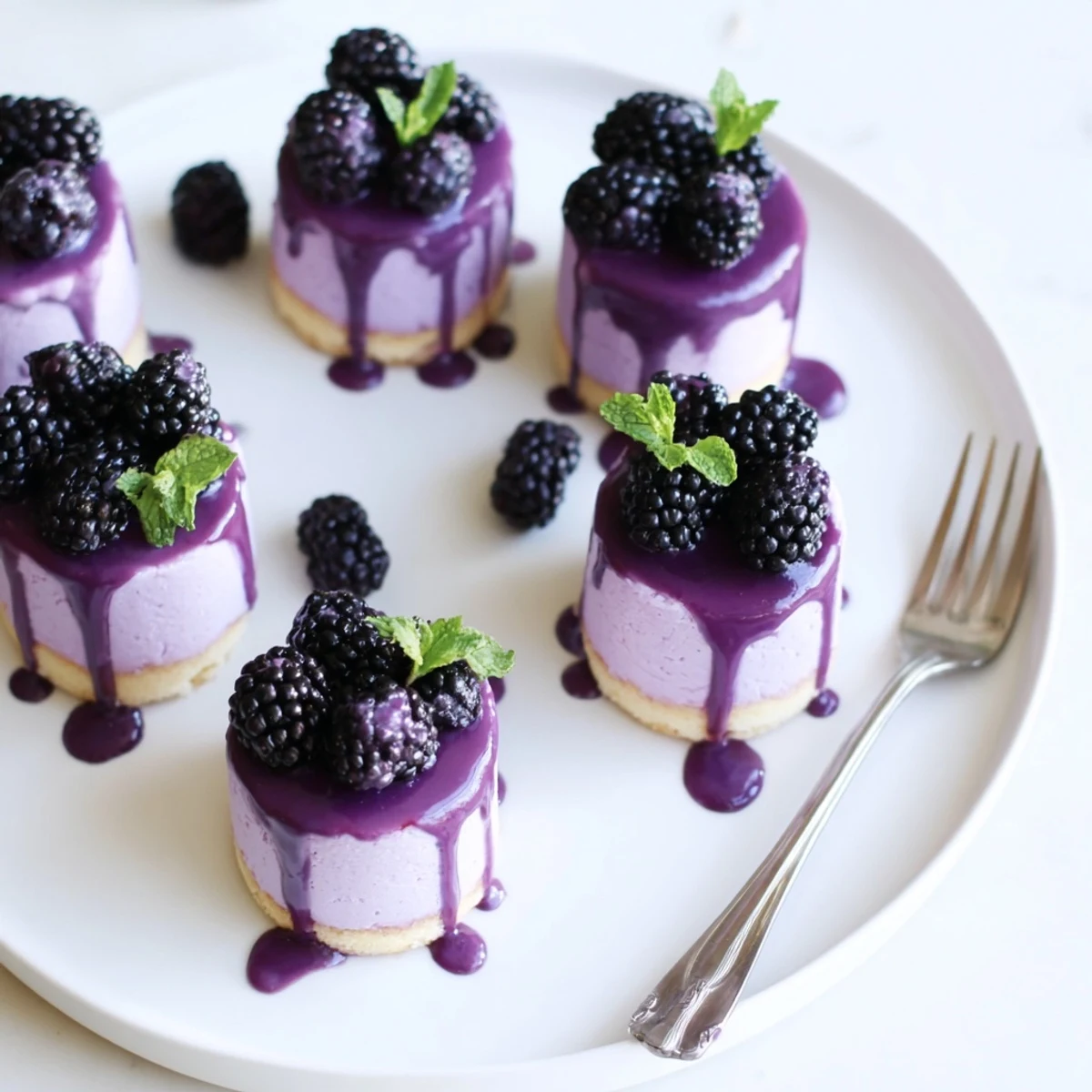 Mini blackberry mousse cakes with glossy purple glaze atop tender sponge rounds