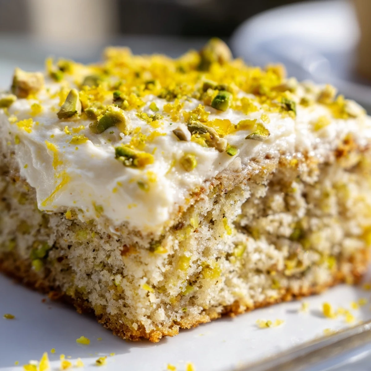 Golden lemon pistachio cake topped with fluffy mascarpone frosting and sprinkled with bright green chopped nuts