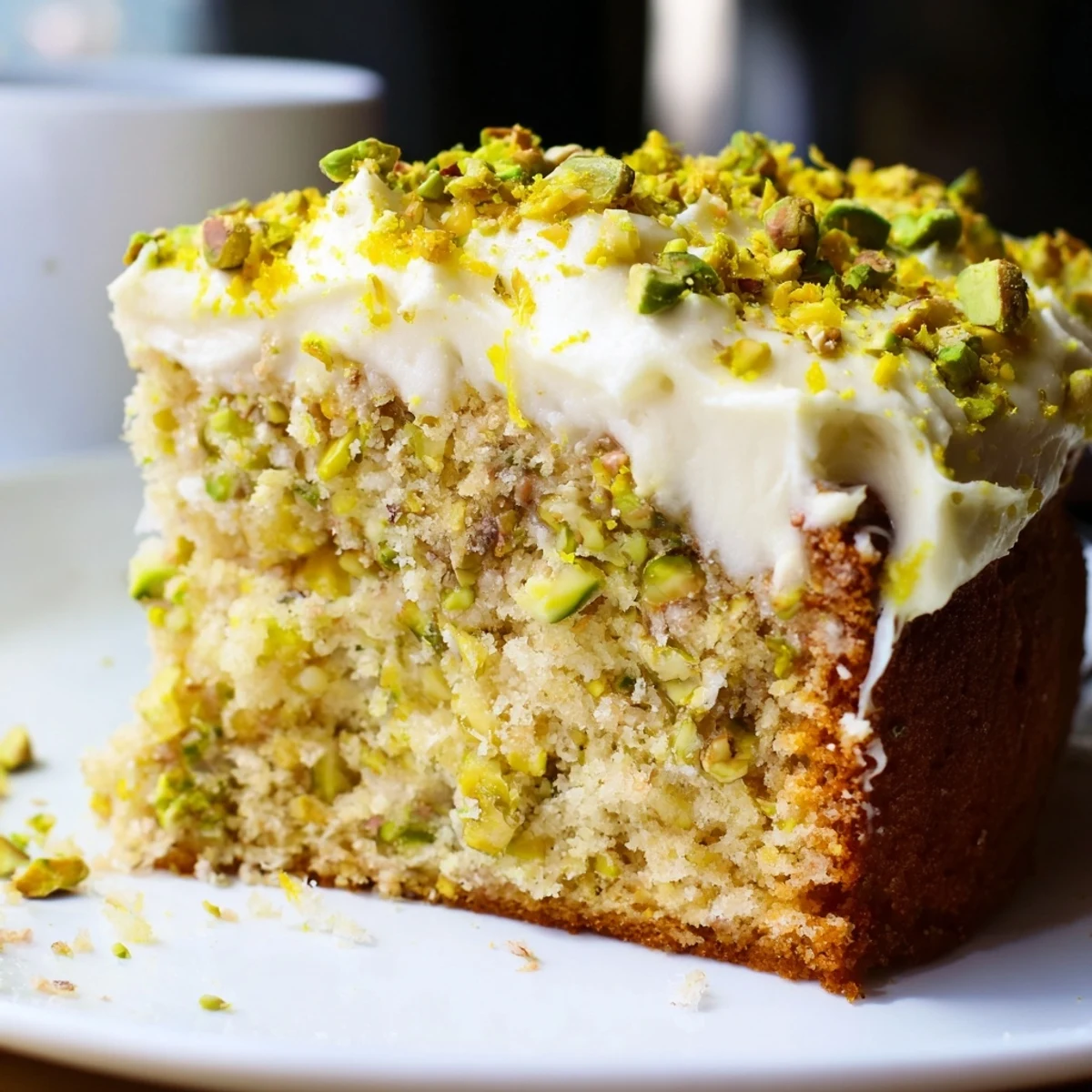 Elegant lemon pistachio cake with creamy white mascarpone frosting and fresh lemon zest garnish on a white plate