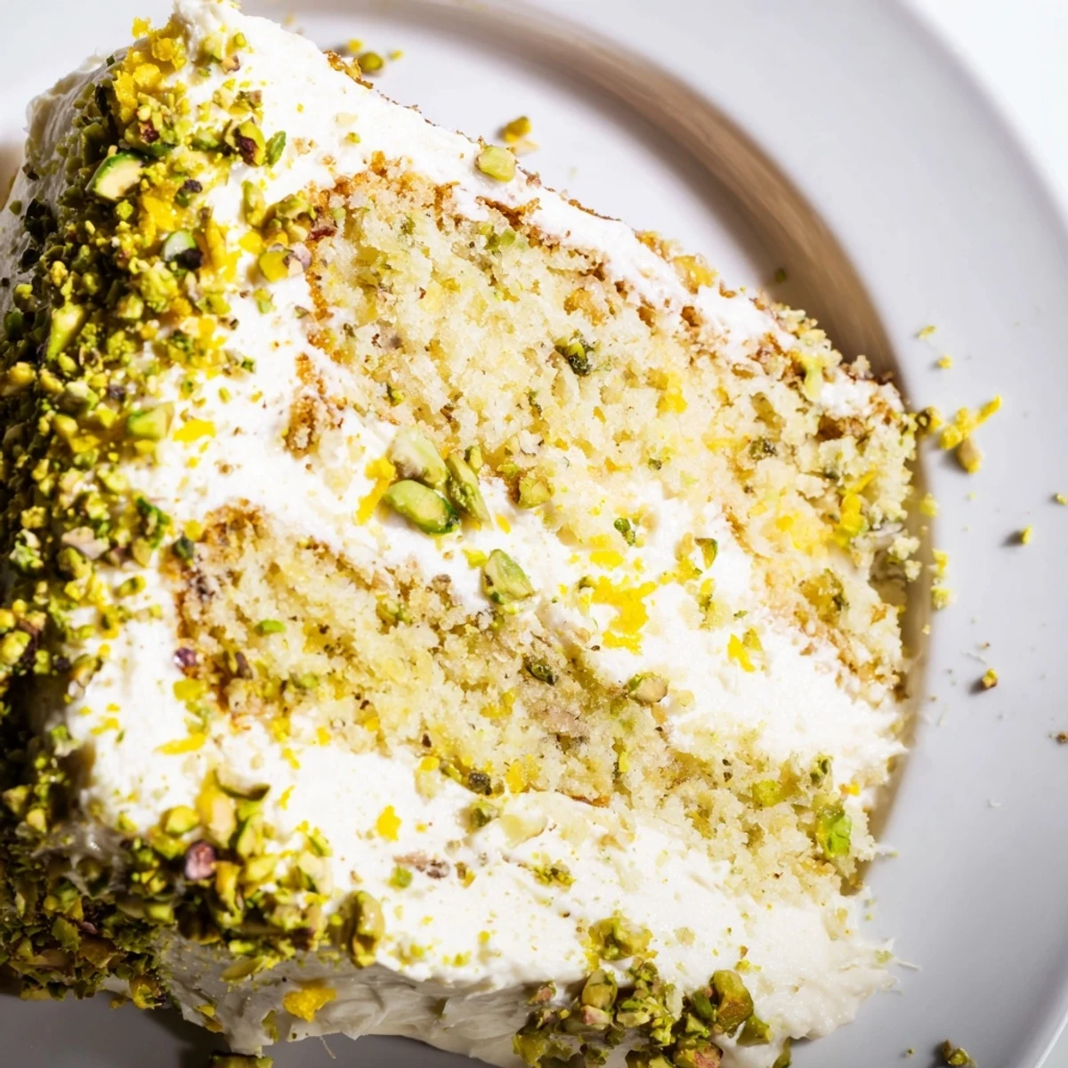 Moist lemon pistachio cake slice with smooth mascarpone frosting and crunchy pistachio topping on a serving plate
