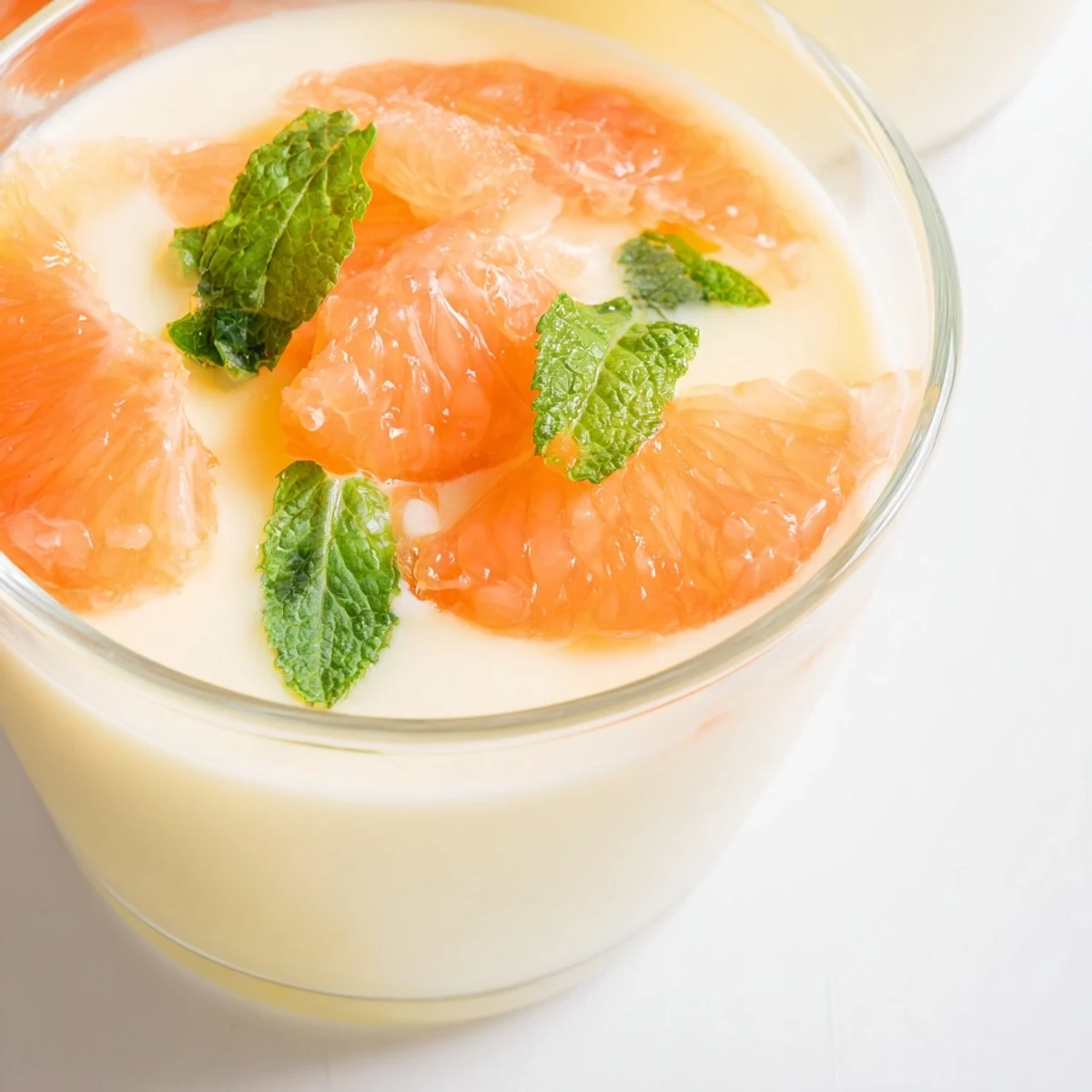 Silky Italian grapefruit panna cotta dessert garnished with vibrant grapefruit wedges on a white serving plate
