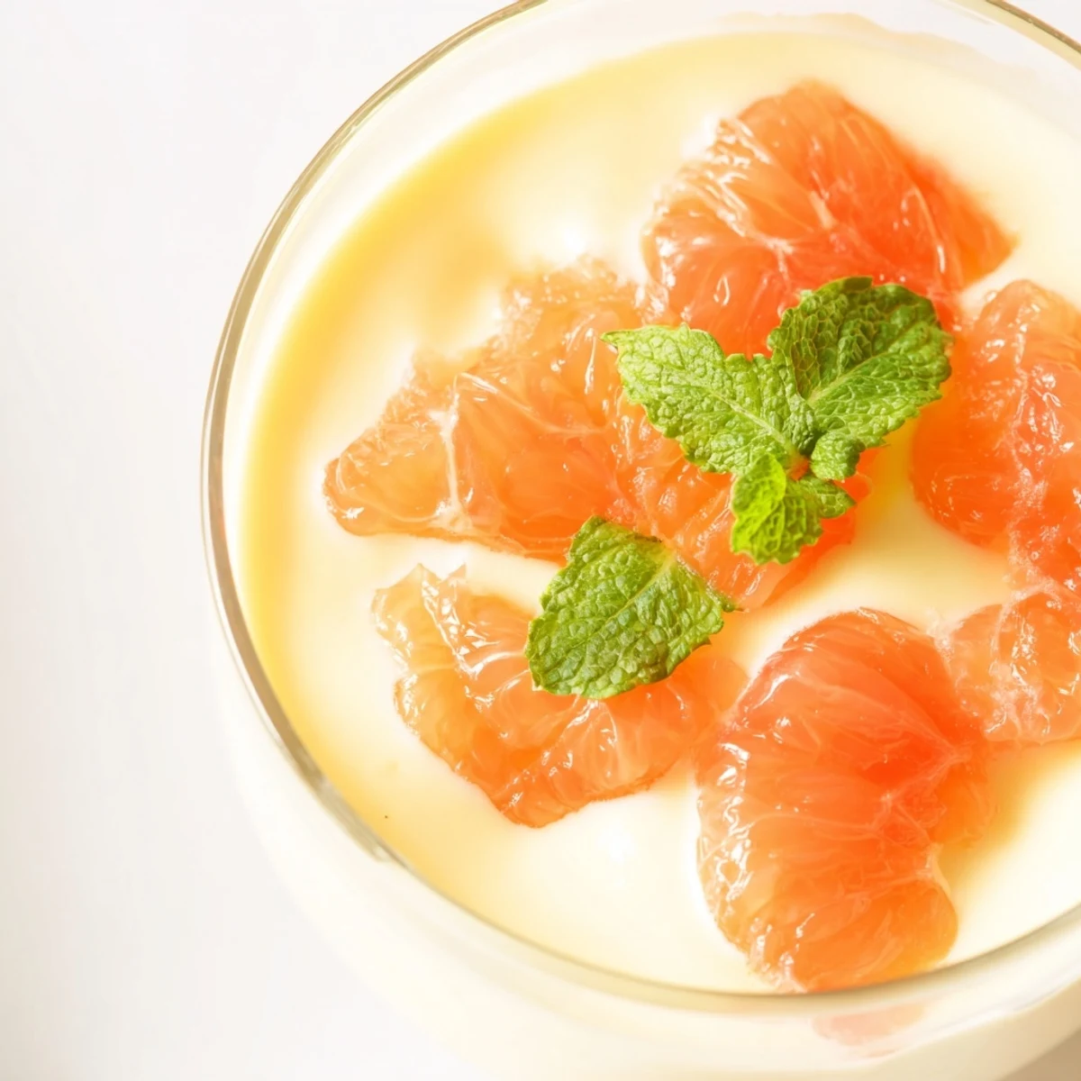 Elegant panna cotta infused with grapefruit zest, crowned with juicy grapefruit segments and fresh mint