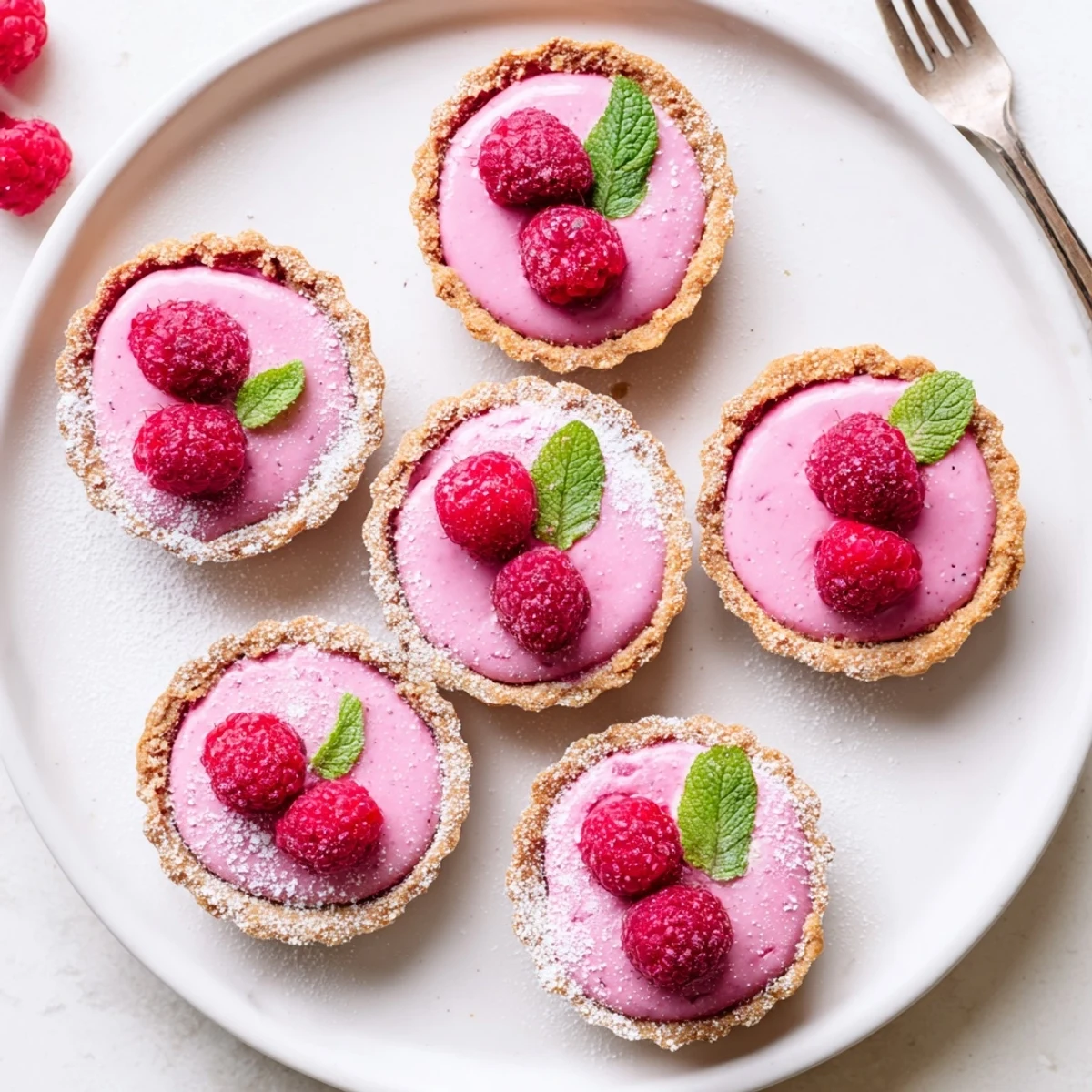 Golden vegan raspberry curd tarts topped with fresh berries and mint leaves on white plate