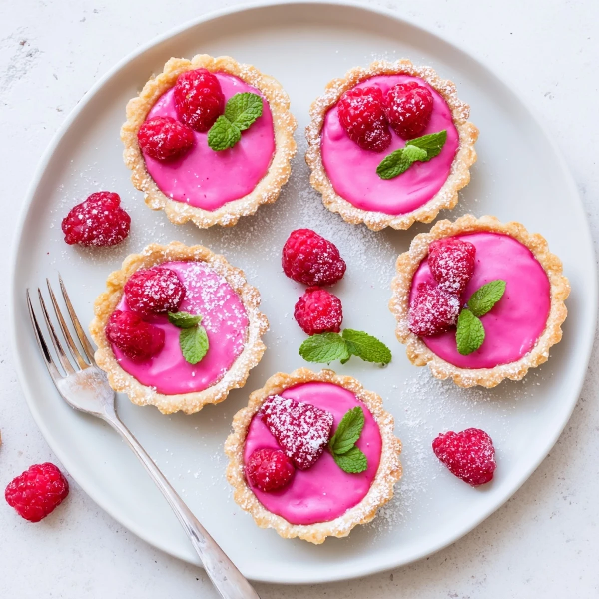 Close-up of vegan raspberry curd tarts garnished with powdered sugar and fresh raspberries