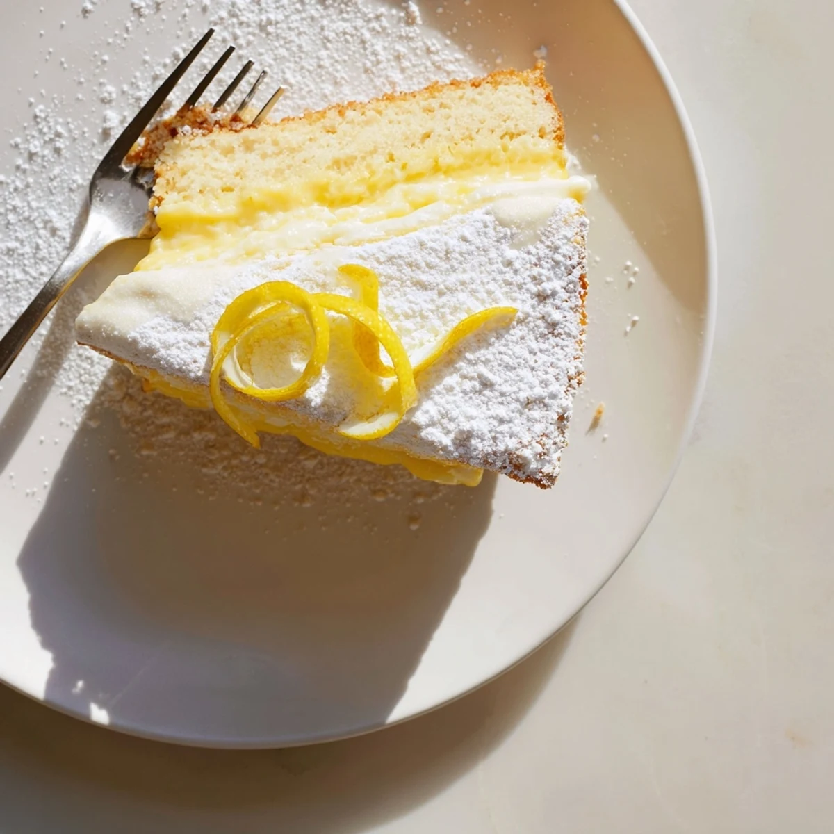 Golden slice of Italian Grandmas Lemon Custard Cake with creamy lemon filling between light fluffy layers