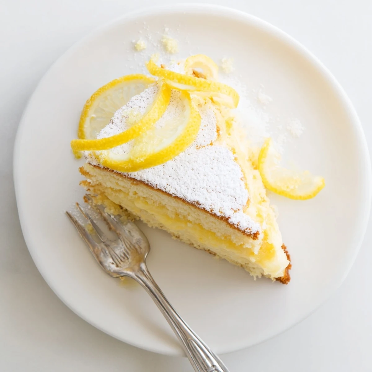 Homemade Italian Grandmas Lemon Custard Cake served on white plate featuring bright yellow custard and sponge cake