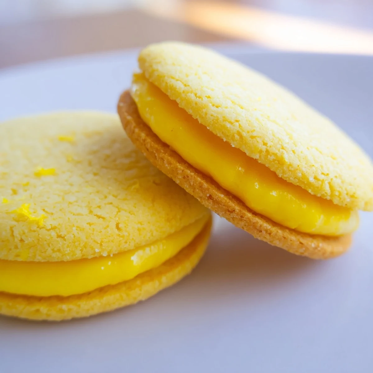 Golden lemon sandwich cookies with bright vegan curd filling on white plate