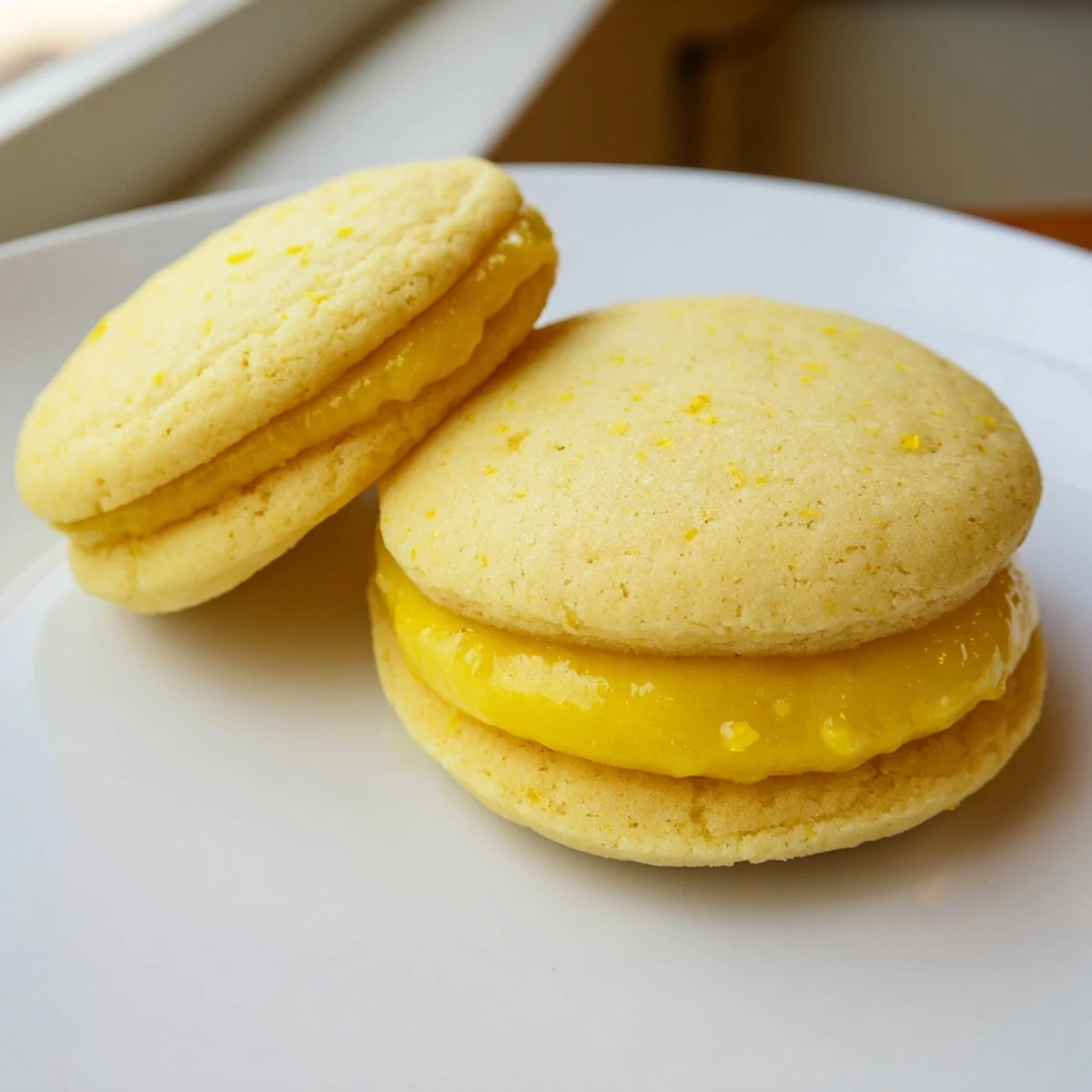Two delicate lemon sandwich cookies stacked with vibrant yellow curd peeking through