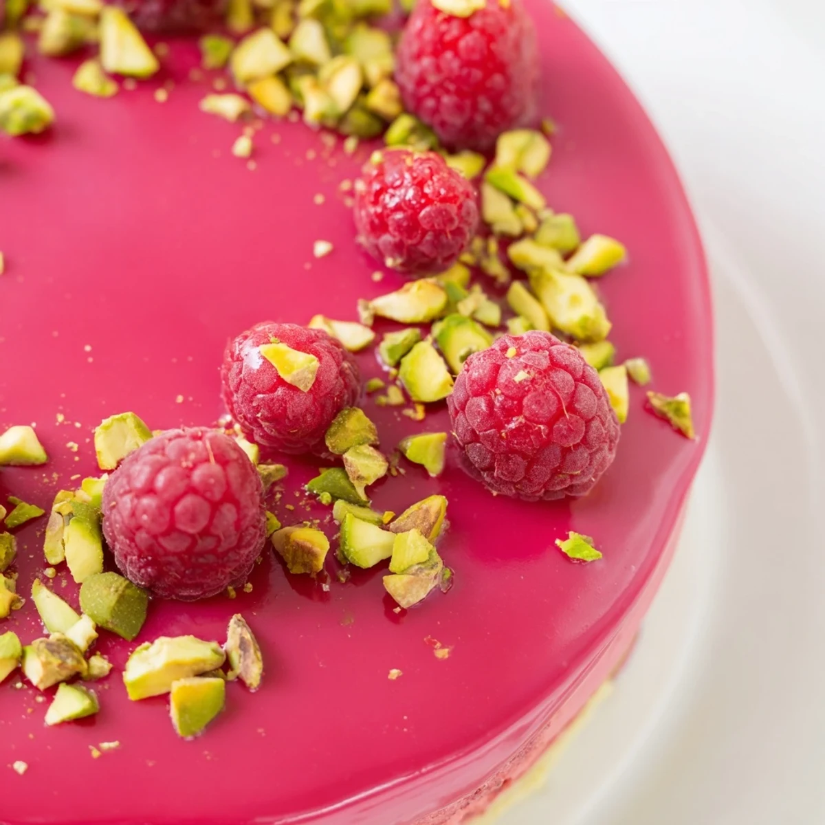 Mini raspberry pistachio mousse cakes showcasing vibrant red glaze drizzled over elegant layered dessert