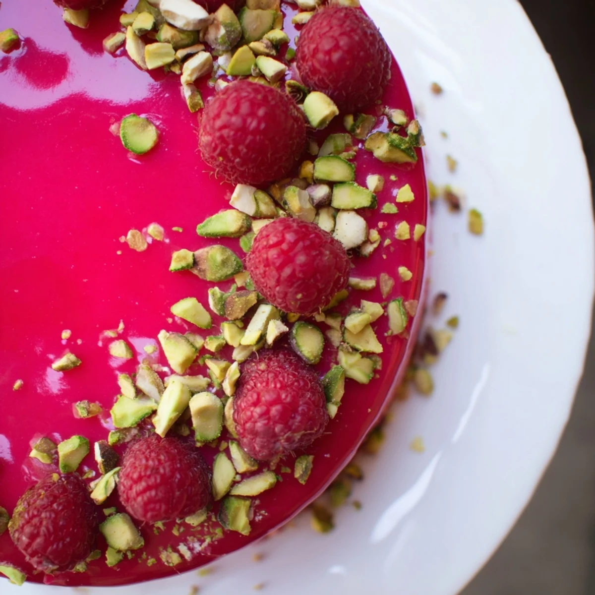 French-inspired mini raspberry pistachio mousse cakes topped with fresh berries and chopped pistachios