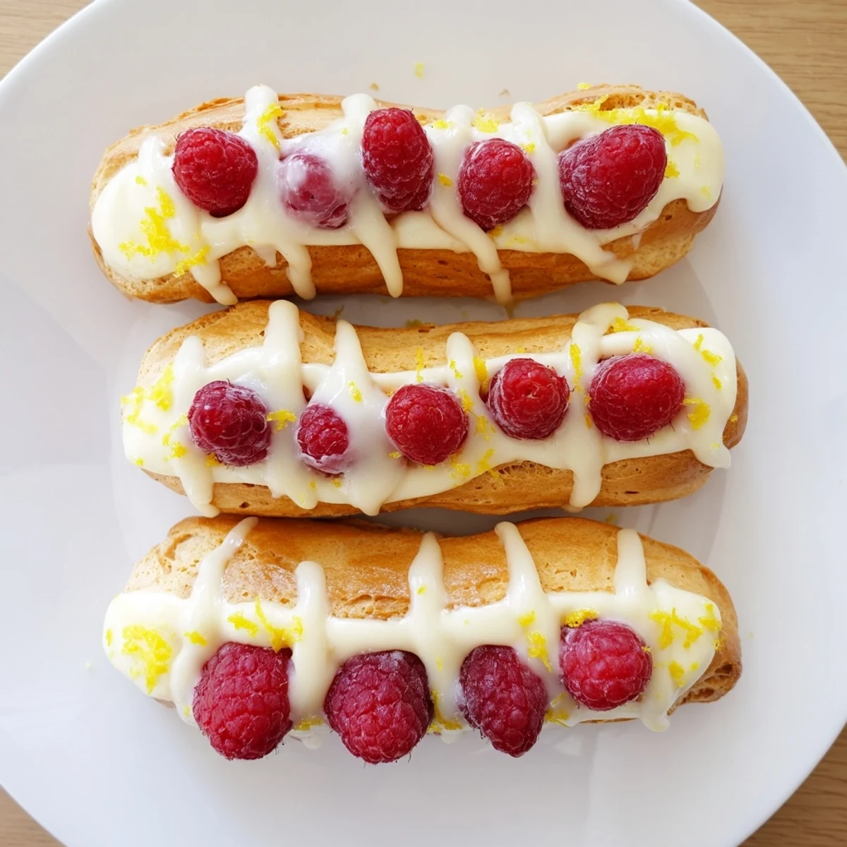 Golden lemon raspberry éclairs drizzled with zesty glaze on a white serving plate