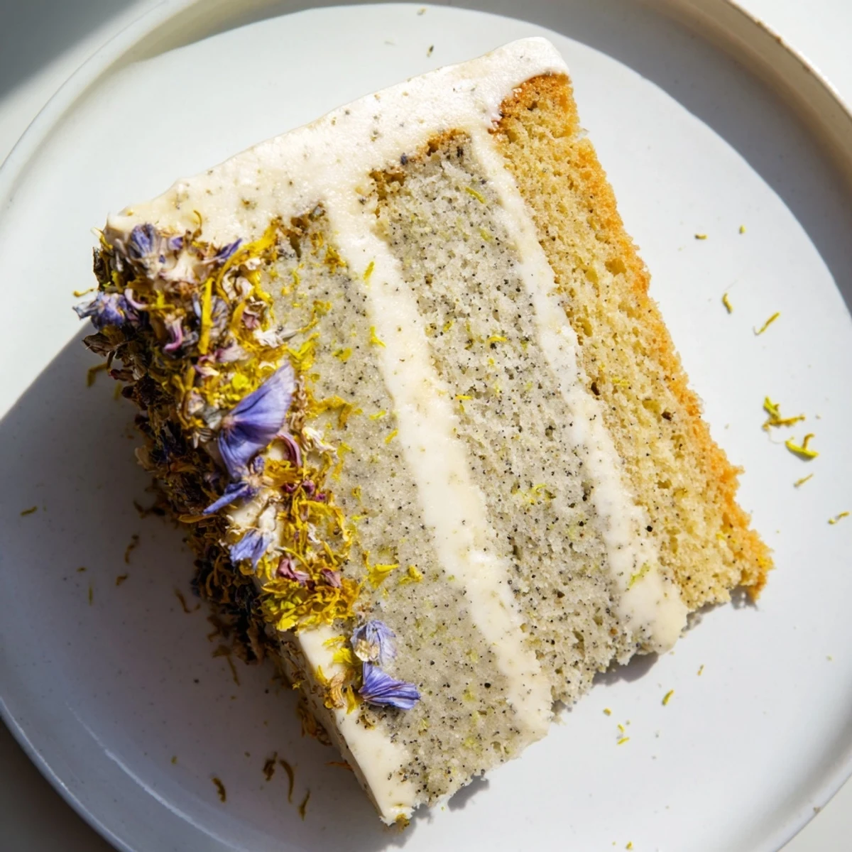 Slice of London Fog cake revealing Earl Grey-infused layers with creamy vanilla bean frosting