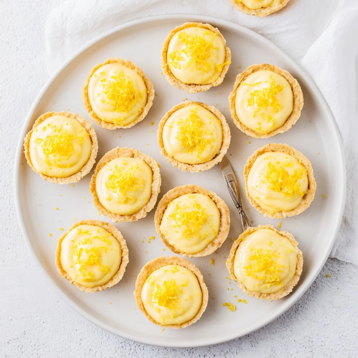 Golden mini vegan lemon tarts with creamy coconut milk filling in crisp pastry shells