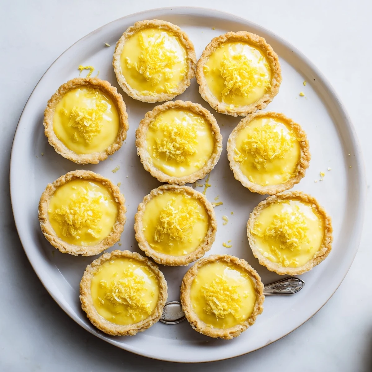 Twelve individual vegan lemon tarts with smooth yellow filling nestled in golden baked crusts