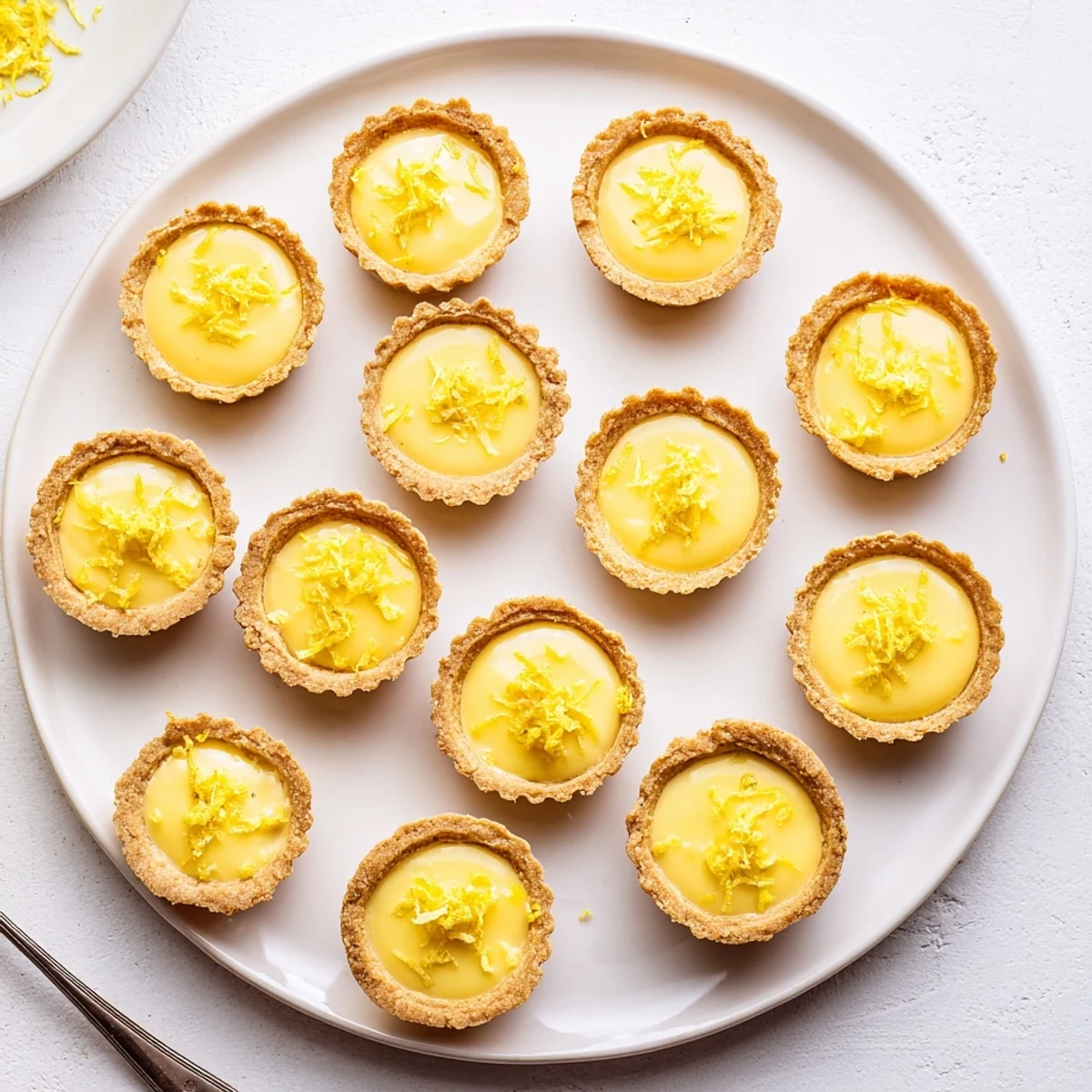Bite-sized vegan lemon tarts topped with fresh zest on a white serving plate