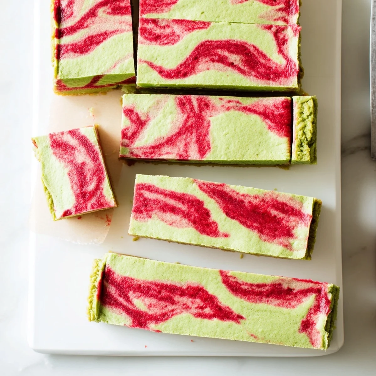 Square pan of matcha strawberry cream bars with vibrant red swirls on green tea shortbread base
