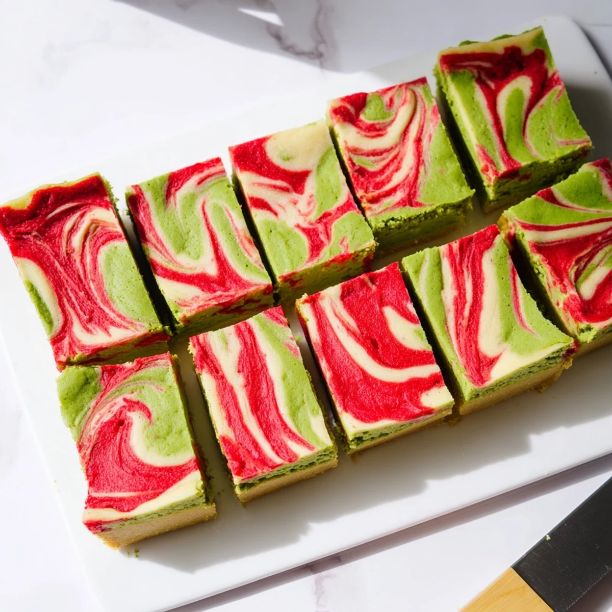 Freshly sliced matcha strawberry cream bars showing creamy layers with marbled strawberry patterns on serving plate