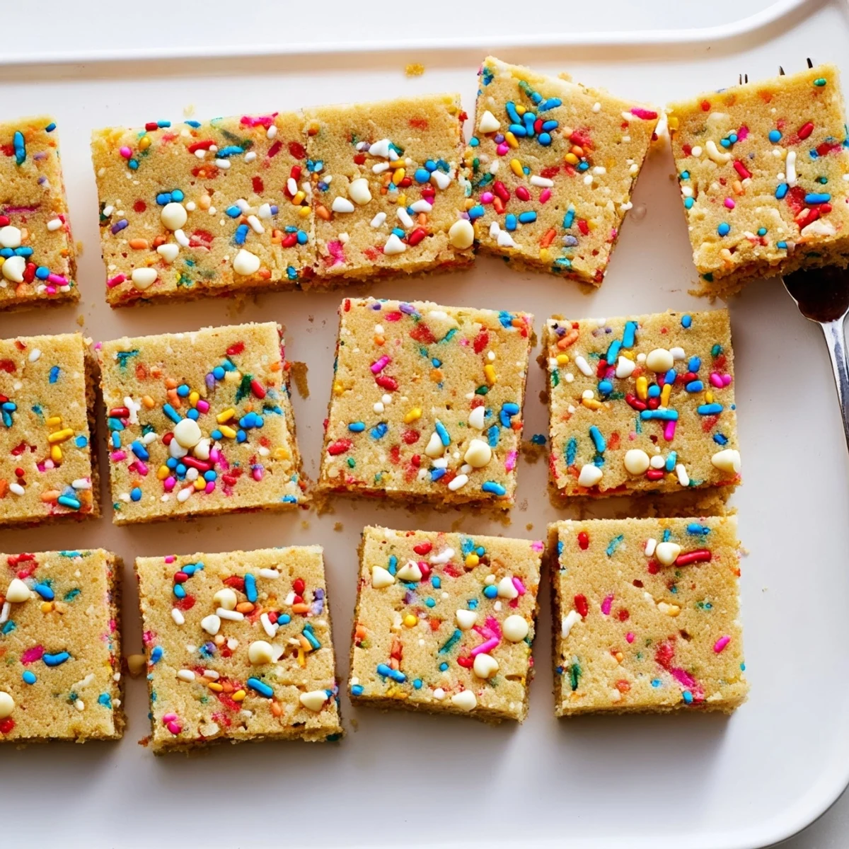Golden Spring Funfetti Blondies topped with vibrant rainbow sprinkles on a white plate