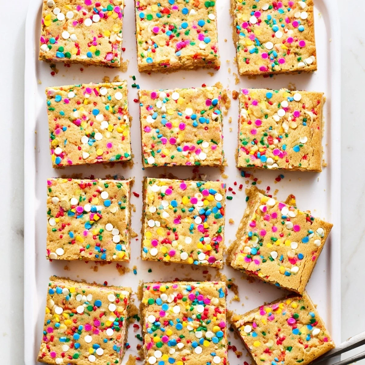 Festive Spring Funfetti Blondies displaying soft texture with scattered rainbow confetti sprinkles