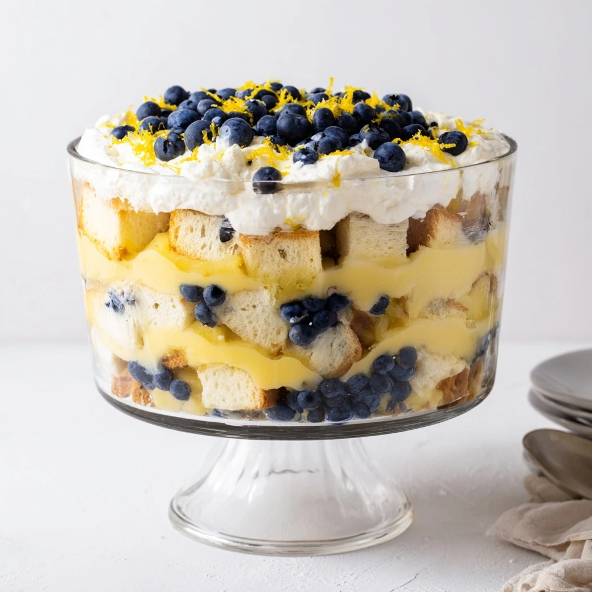 Summer easy lemon blueberry trifle displayed in clear dish with lemon zest garnish