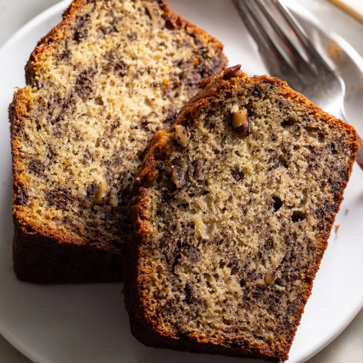 Golden brown Best Ever Banana Bread loaf with a moist, tender crumb, sprinkled with chopped walnuts on a rustic wooden board
