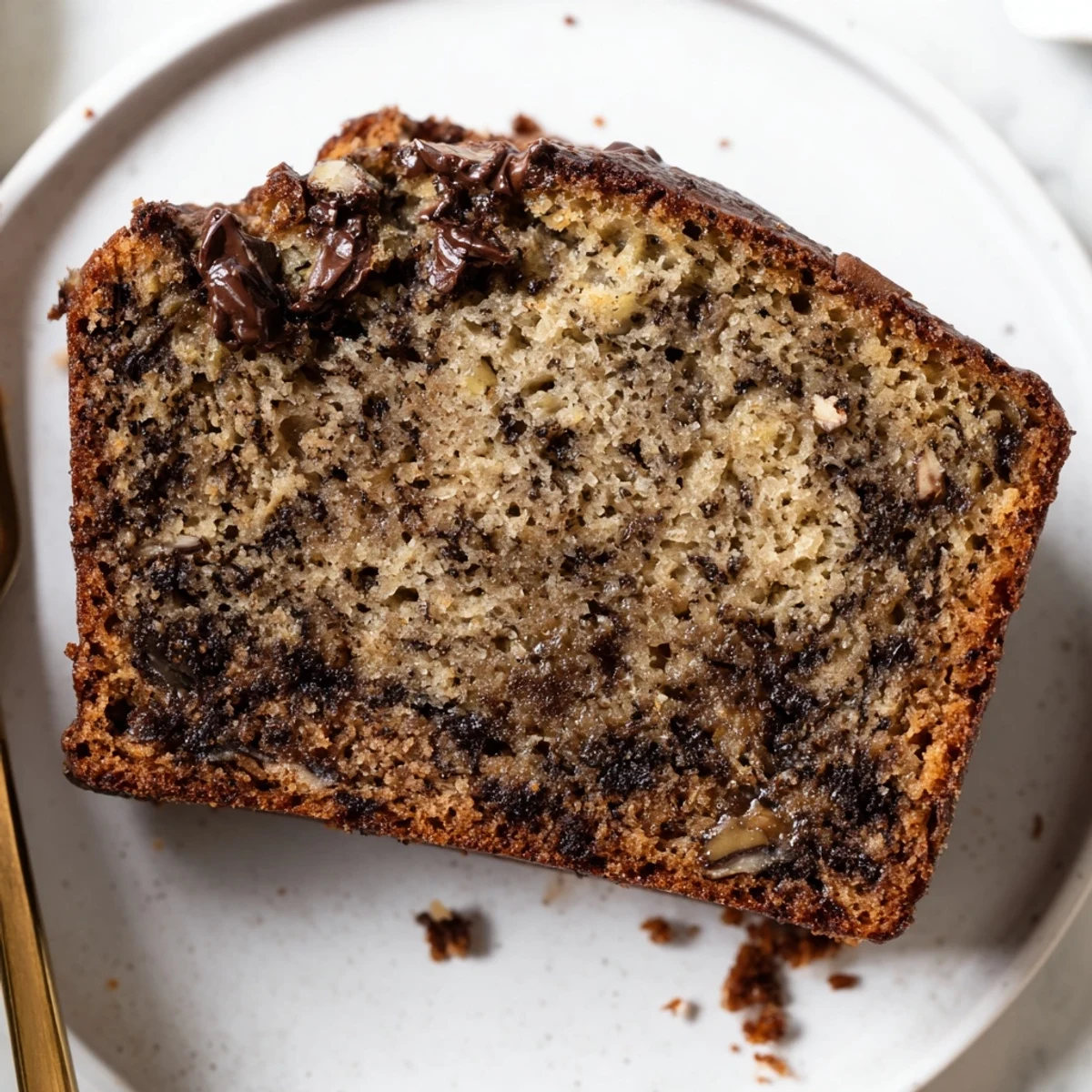 Slice of Best Ever Banana Bread revealing soft texture, served warm on a white plate with melting butter and honey drizzle