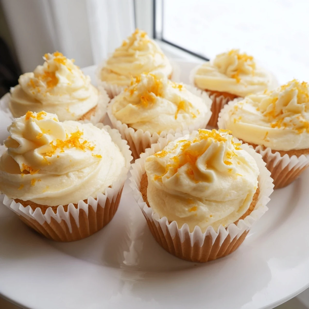 Orange blossom cupcakes with fluffy citrus frosting garnished with fresh orange zest