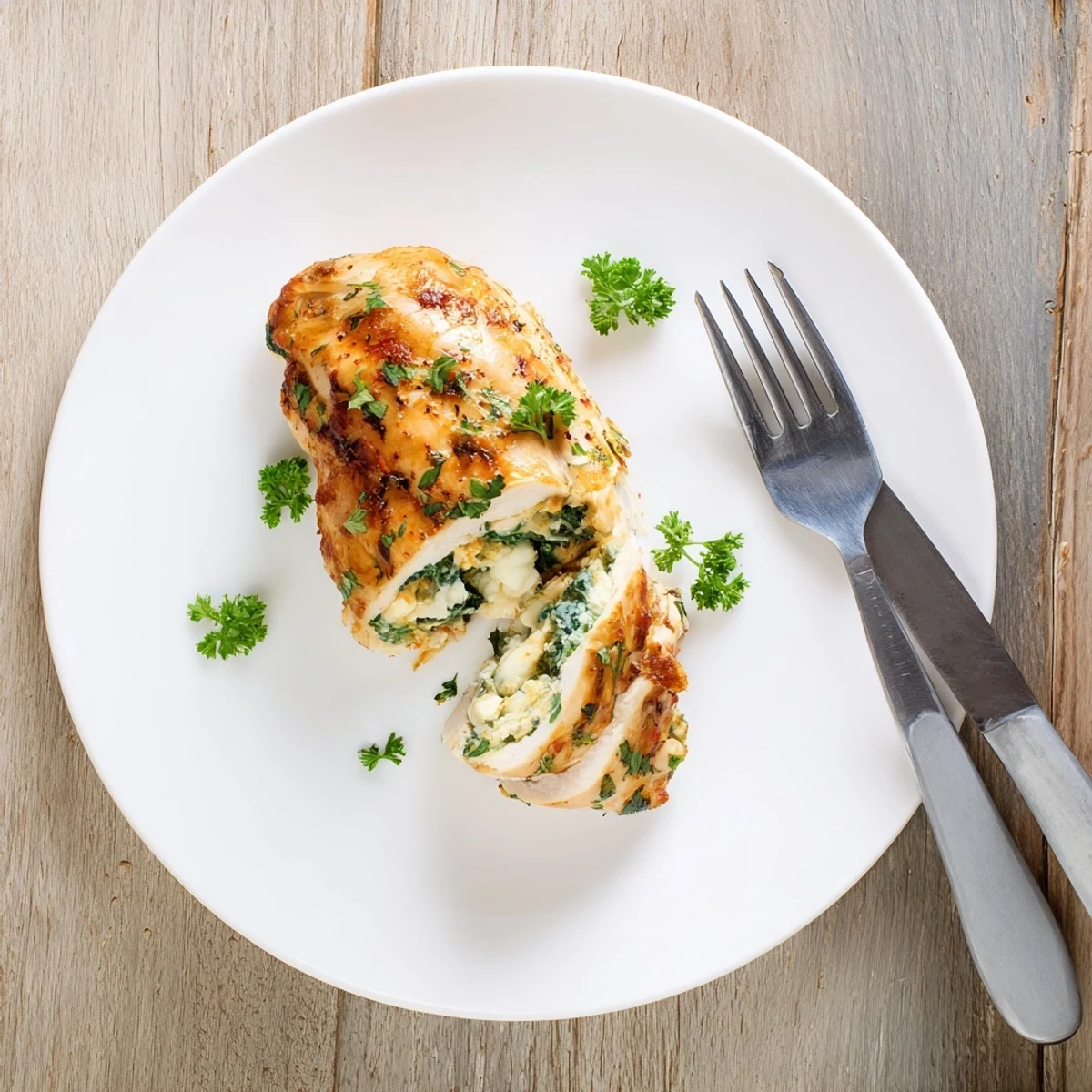 Golden brown Ruth's Chris stuffed chicken breast oozing three-cheese filling on a white plate