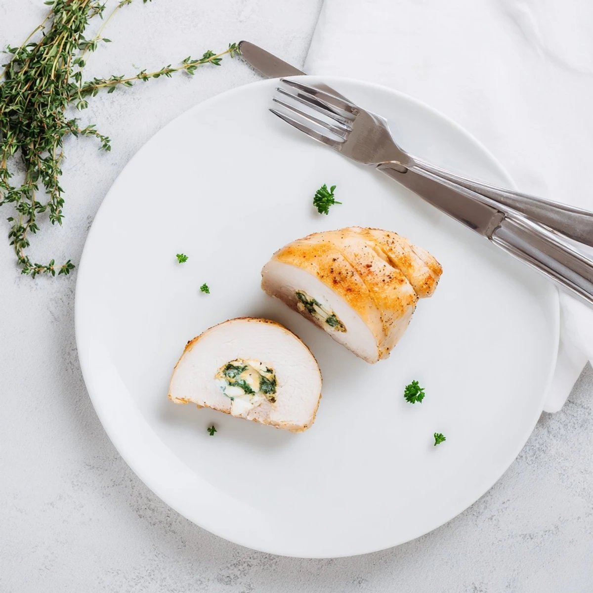 Restaurant-style Ruth's Chris stuffed chicken breast with herb cheese filling garnished with fresh parsley