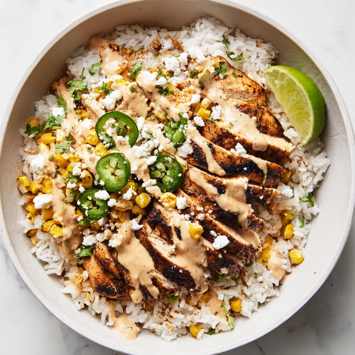 Golden street corn chicken rice bowl topped with grilled chicken, charred corn, and tangy crema