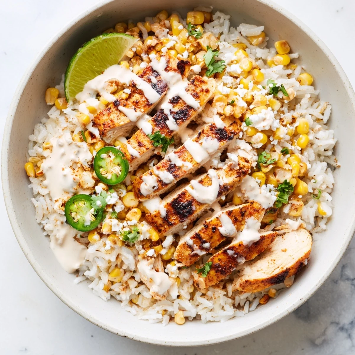 Vibrant Mexican-inspired street corn chicken rice bowl with zesty lime crema and crumbled cotija