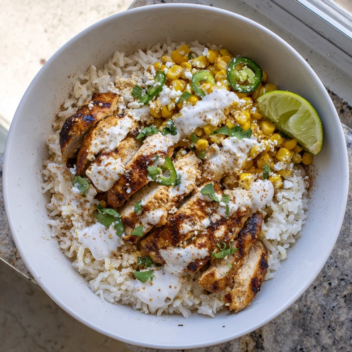Hearty street corn chicken rice bowl featuring smoky grilled chicken and sweet charred corn kernels