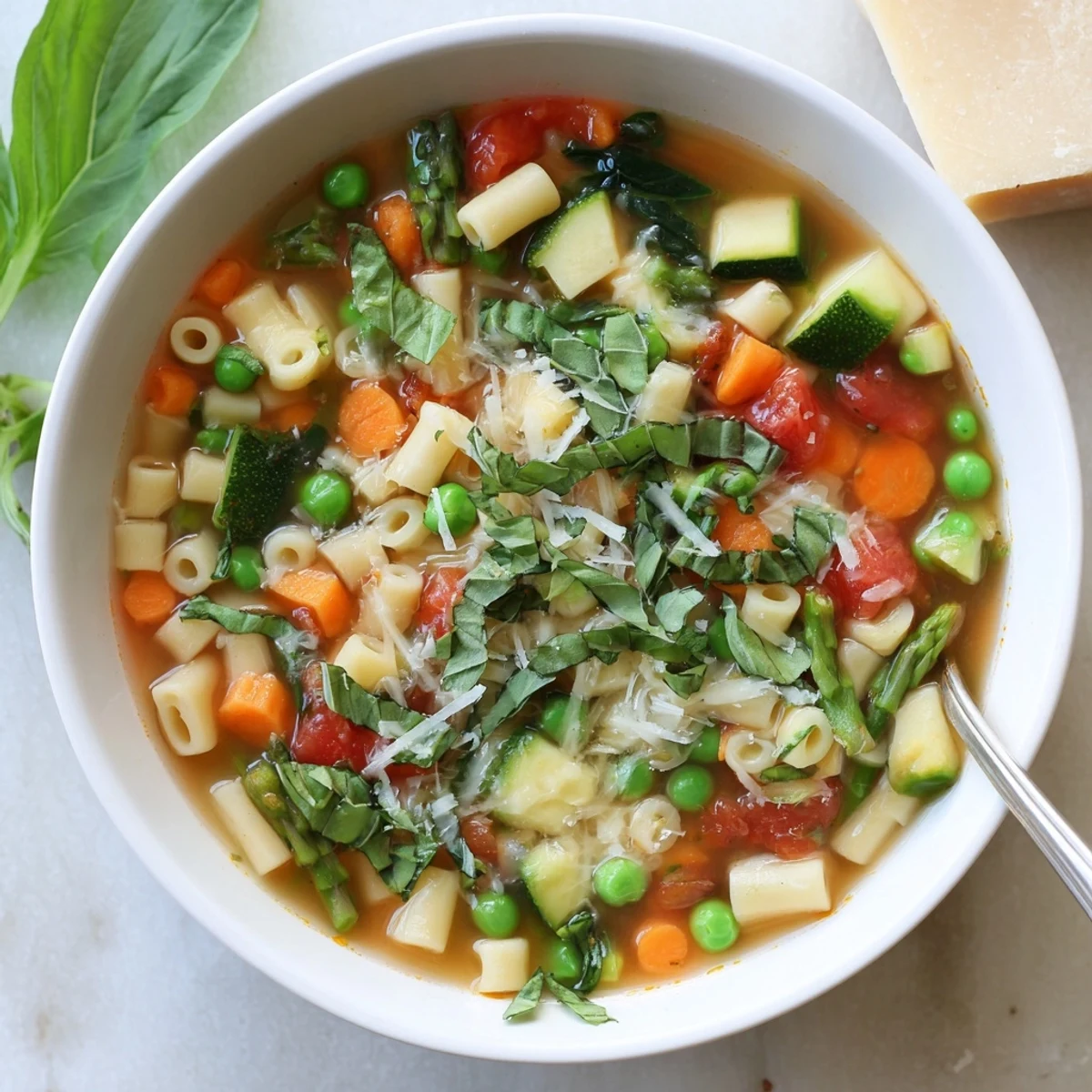 Creamy spring minestrone soup garnished with grated Parmesan, fresh basil, and a drizzle of olive oil in a rustic white bowl