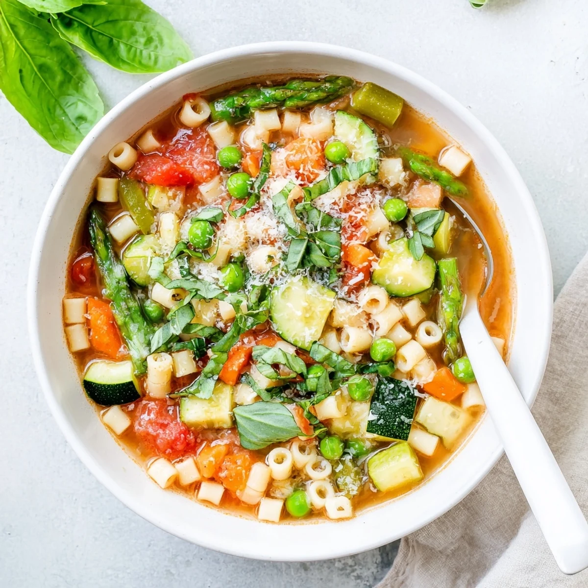 Colorful bowl of spring minestrone soup brimming with fresh asparagus, peas, zucchini, and tender pasta in aromatic vegetable broth