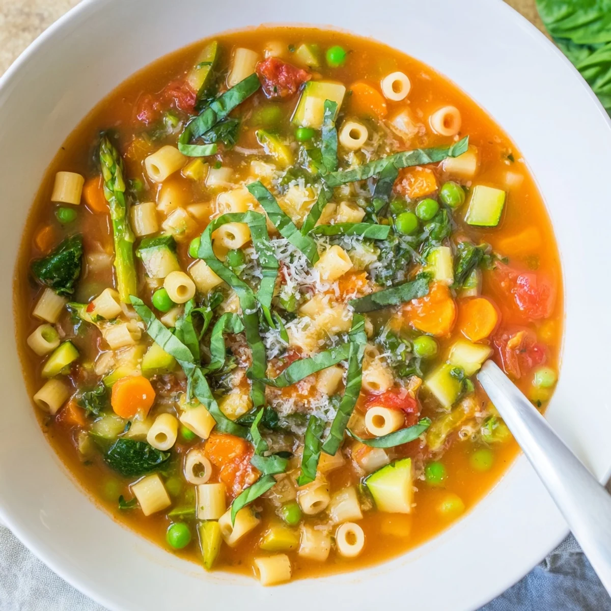 Steaming spring minestrone soup featuring al dente pasta, vibrant green vegetables, and baby spinach floating in light tomato-based broth