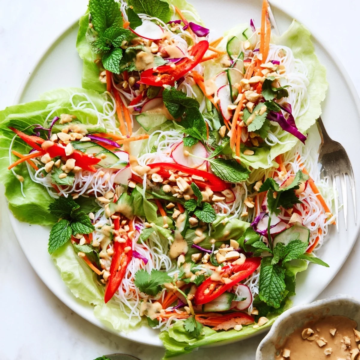 Fresh spring roll salad with peanut dressing arranged on lettuce leaves with colorful julienned vegetables and aromatic herbs