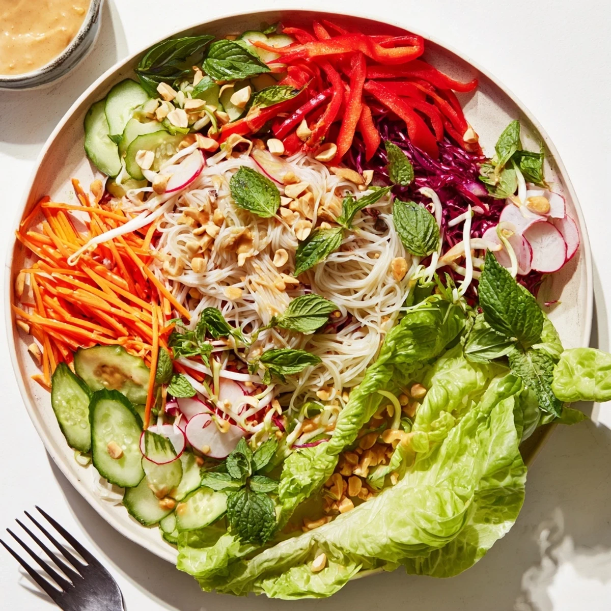 Vibrant Vietnamese-inspired spring roll salad bowl loaded with rice noodles and crunchy veggies topped with crushed peanuts