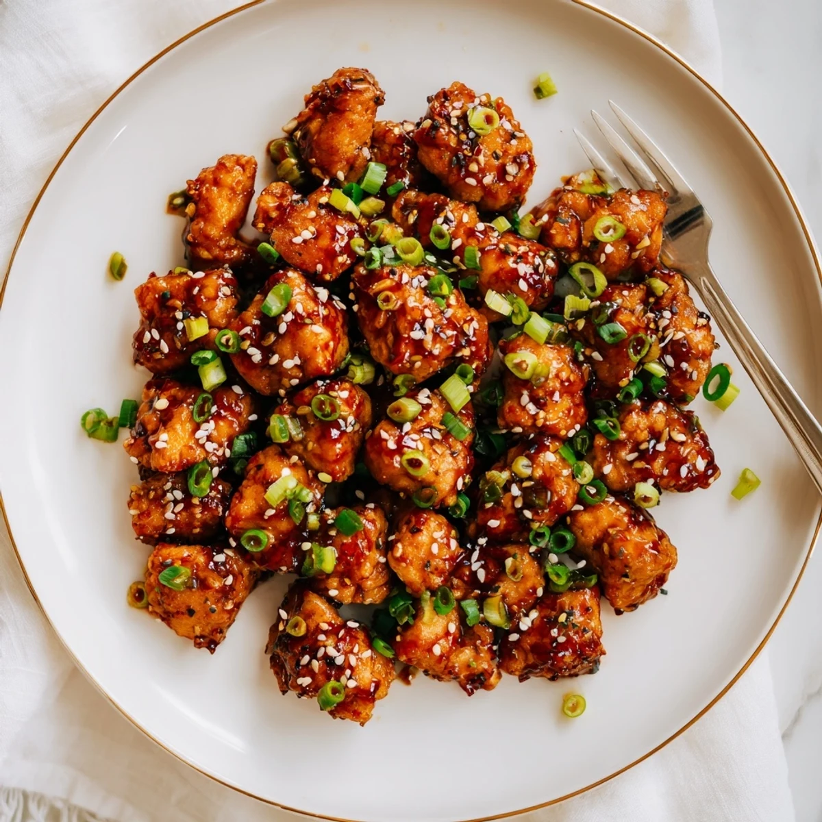 Golden brown chicken pieces coated in sticky honey garlic sauce with sesame seed garnish