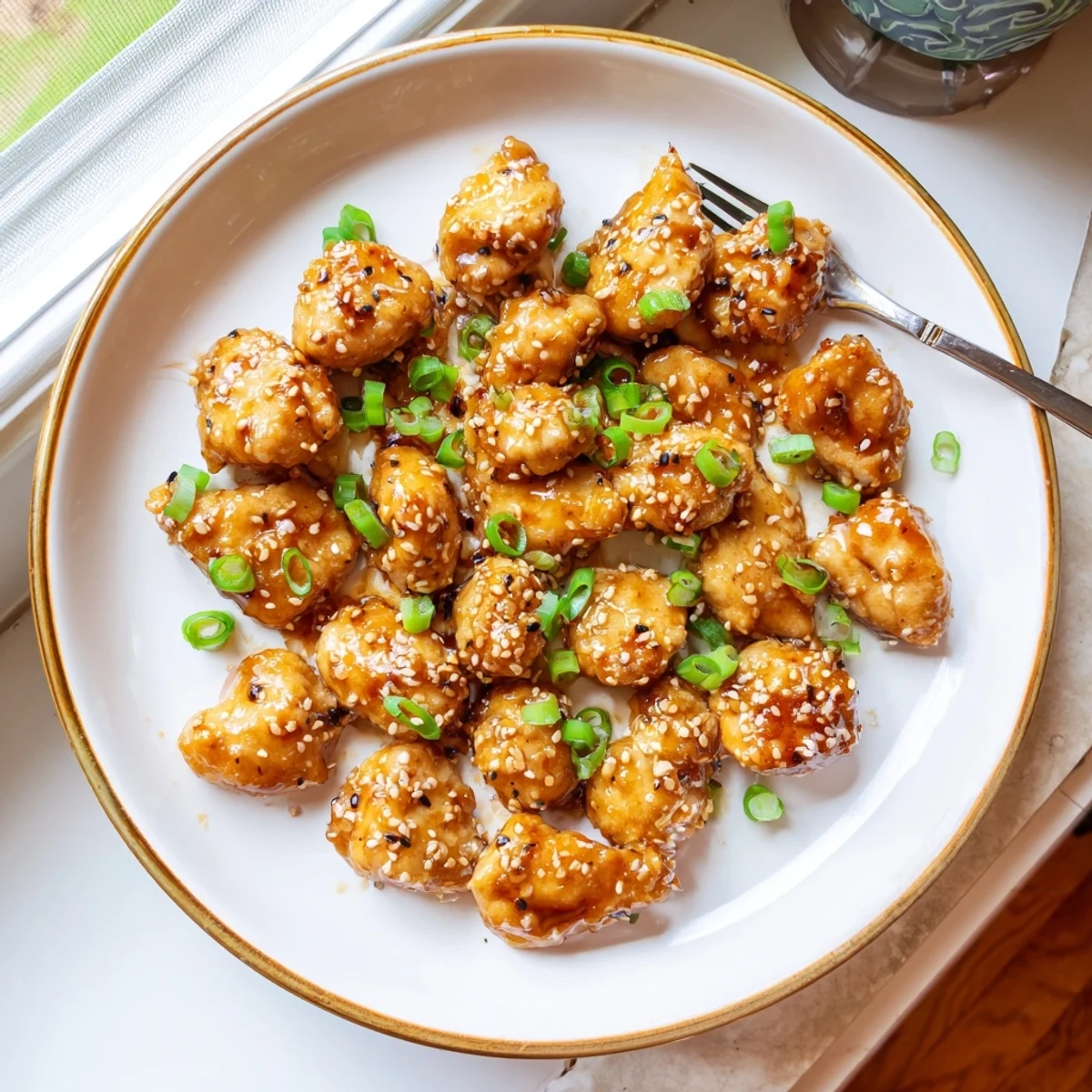 Asian-inspired honey garlic chicken breast pieces with green onions and toasted sesame topping