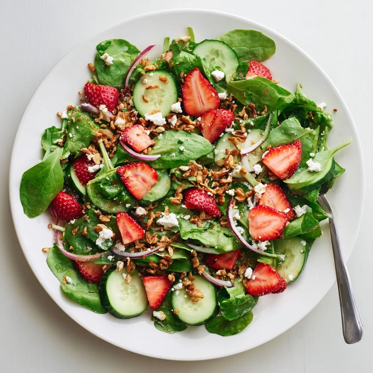Fresh strawberry crunch salad bowl with sliced berries, greens, nuts, and crispy toppings drizzled with balsamic dressing