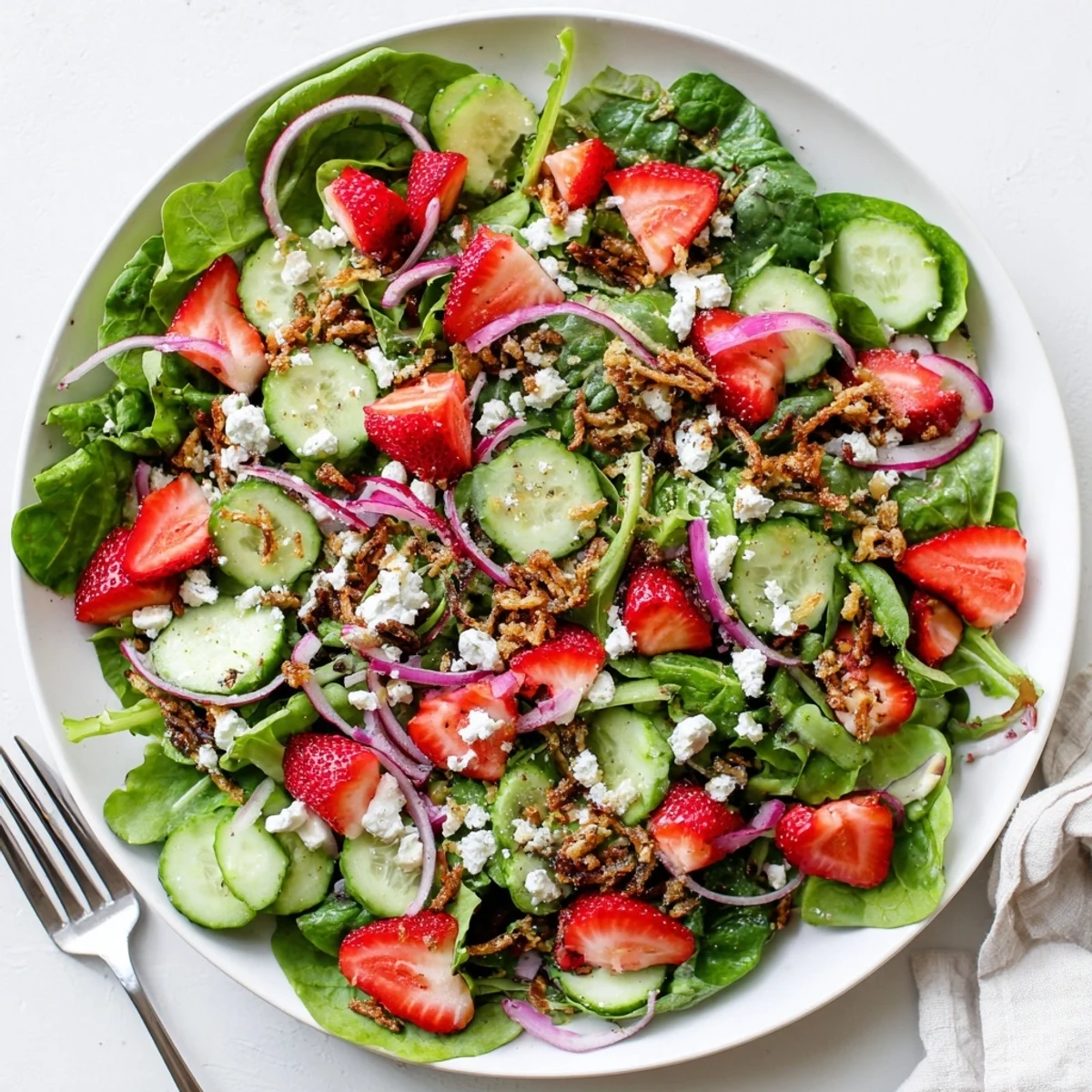 Vibrant strawberry crunch salad close-up showing layered greens, sweet berries, crunchy nuts, and light honey balsamic dressing