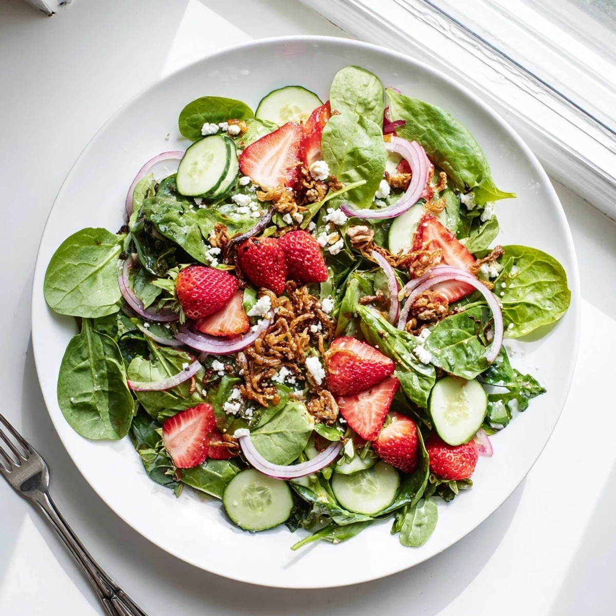 Colorful summer strawberry crunch salad featuring ripe strawberries, toasted pecans, and crispy fried onions on mixed greens
